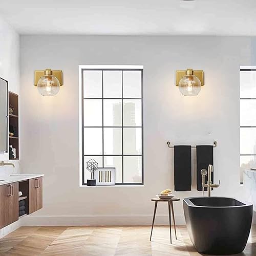 Miniatura 9 de Juego de 2 apliques de baño de latón cepillado, juego de dos apliques de pared dorados, lámpara de tocador de baño con pantalla de vidrio