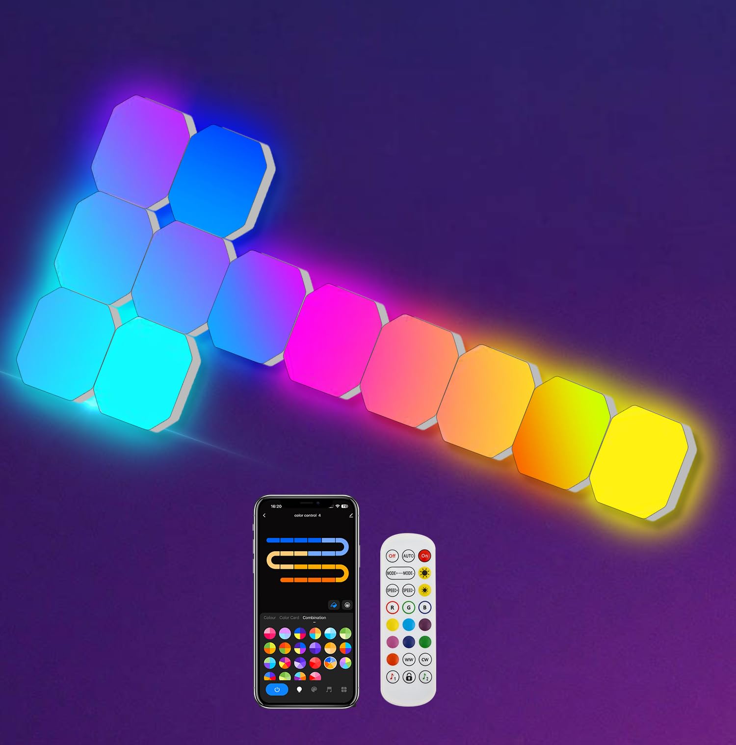 Hexagon LED Panel Wandleuchte, Smart RGBIC Gaming LED Wandpaneele Beleuchtung 12 DIY Quadrate Funktioniert mit Alexa und Google Assistant, Musik Sync App-Steuerung für Gaming Setup Wohnzimmer TV Deko