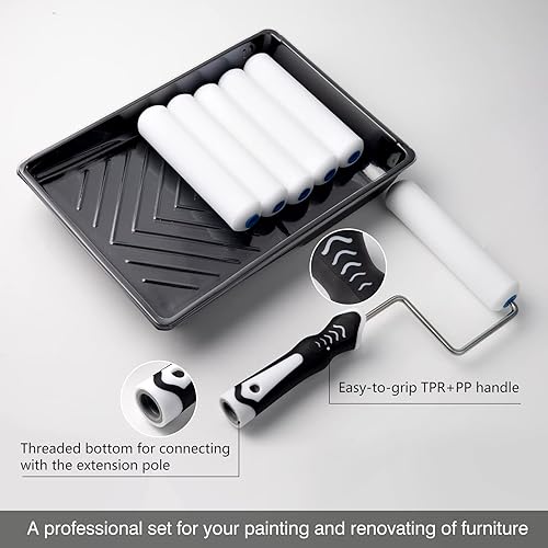 Miniatura 3 de Mister Rui Kit de rodillos de pintura, paquete de 9 rodillos de pintura de espuma de alta densidad de 6 pulgadas, bandeja de pintura con forro, mini