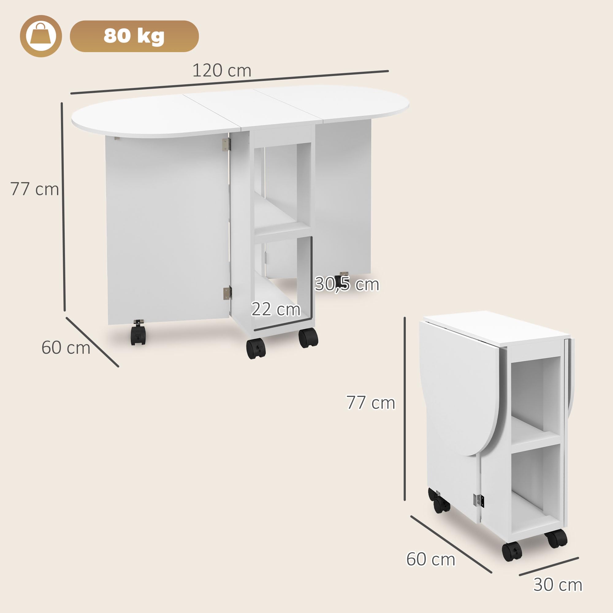 HOMCOM Table à Manger Pliante sur roulettes 4 Pers. 120x60x77 cm Blanc | Table de Cuisine, 2 Abattants, 2 Étagères de Rangement, pour Petits Espaces