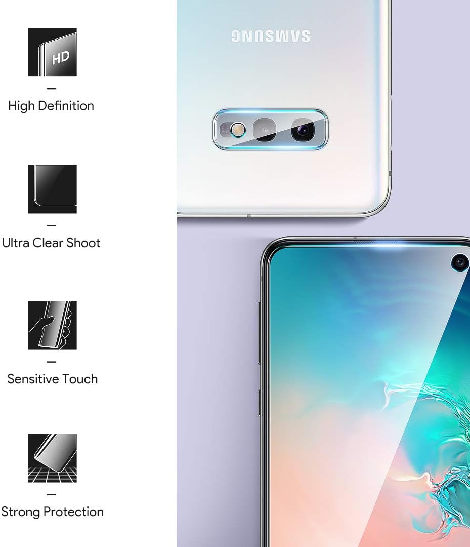[2+2 Pack] LϟK 2 Pack Tempered Glass Screen Protector & 2 Pack Camera Lens Protector Compatible for Samsung Galaxy S10e, Tempered Glass, New Version, Installation Tray - Gray