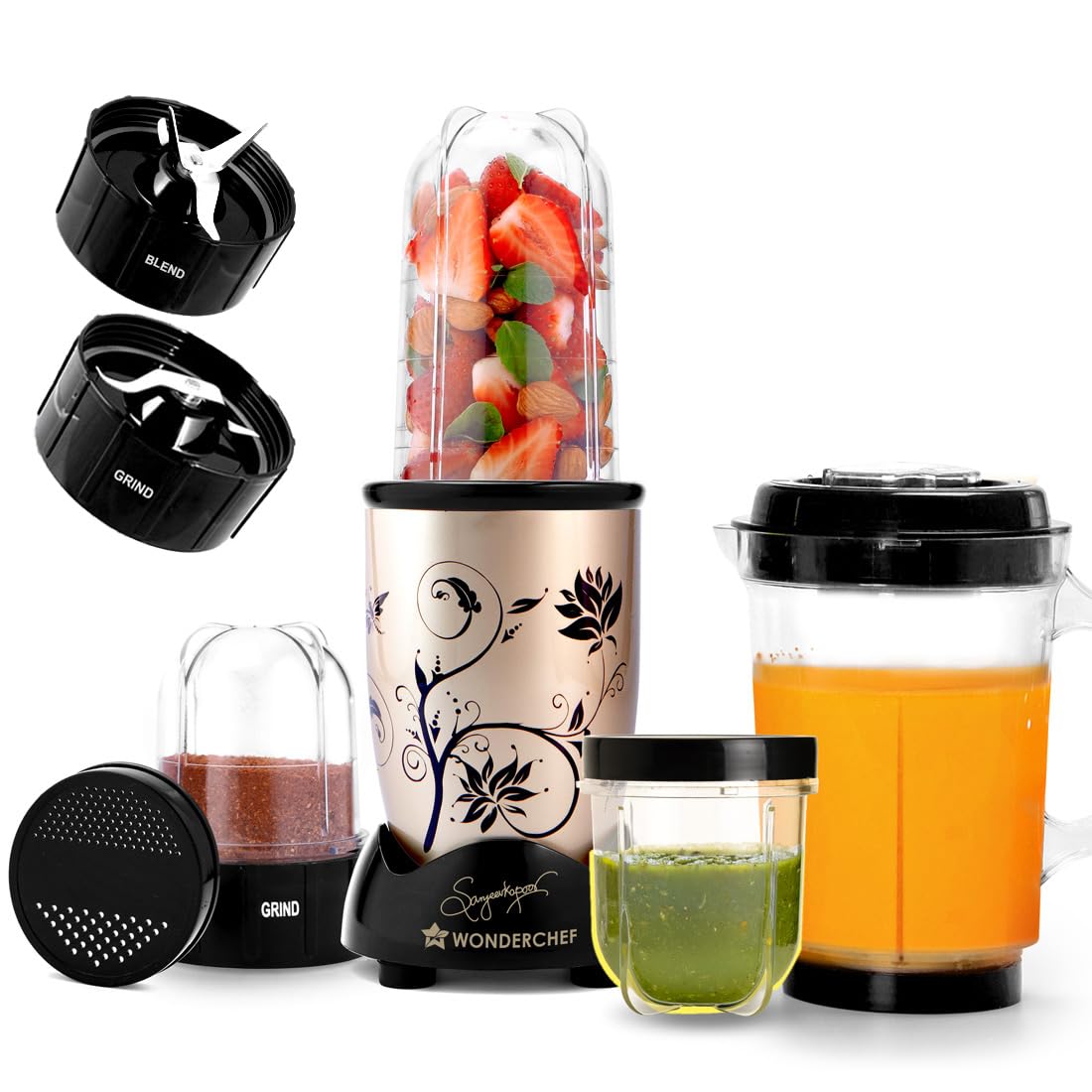 Wonderchef Nutri-blend 500W Mixer Grinder, 22000 RPM Motor, Smoothie Maker, Masala Grinder, Chutney Blender, 4 Unbreakable Jars, Recipe Book by Chef Sanjeev Kapoor, 2 Yr Warranty, Champagne