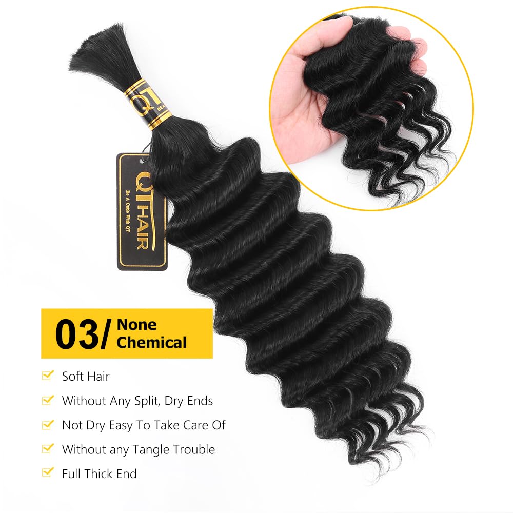 QTHAIR Deep Wave Bulk Human Hair For Braiding 18A Deep Wave Bundles Human Hair No Weft (18", 50g,#1 Jet Black Color)100% Unprocessed Brazilian Virgin Hair Extensions