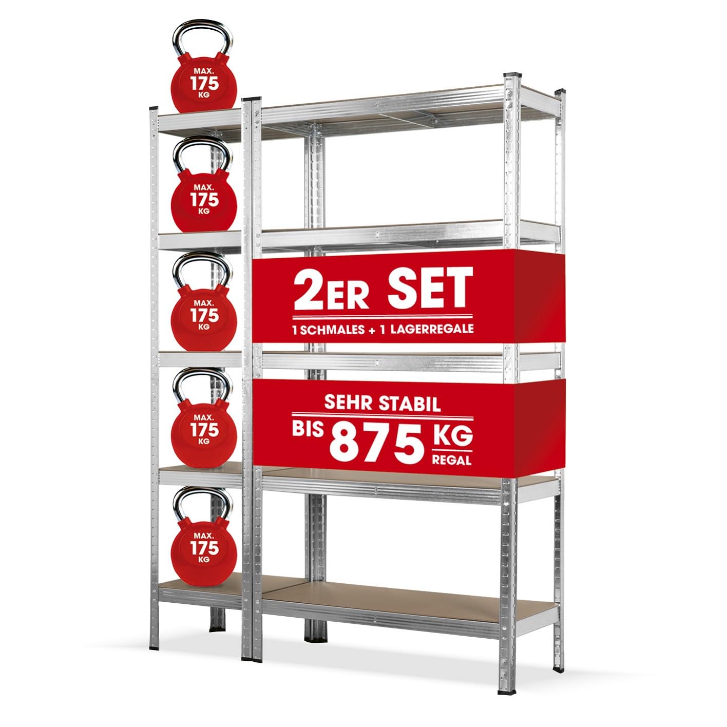 EASYmaxx Schwerlastregal 2er-Set | 875 kg Traglast, 175 kg pro Ebene | Regal und Werkbank | Kellerregal, Lagerregal mit 5 verstellbaren Ablagen | Für Keller, Garage, Hobbyraum, Werkstatt