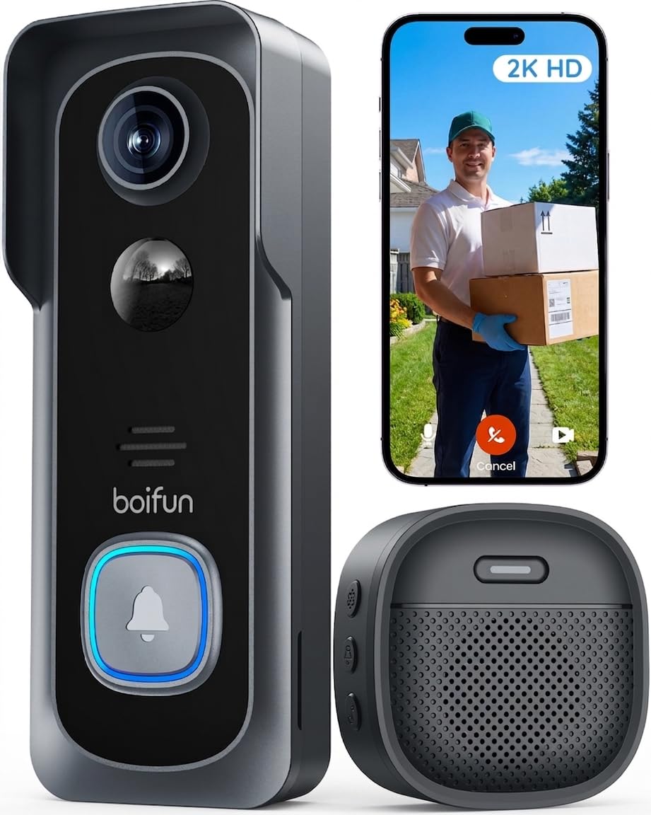 BOIFUN 2K 3MP Sonnette sans Fil Exterieur Etanche, Ultra Grand Angle 166°, Installation Facile, Détection Humaine par IA, Vision Nocturne, Compatible Carte SD, IP65 étanche, Wi-FI 2,4 GHz, Noir