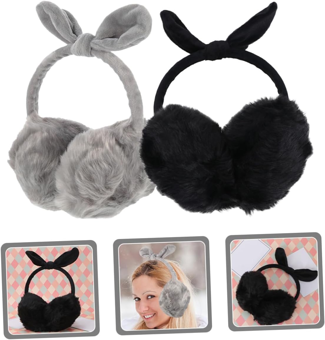 VALICLUD 2pcs Plush Thermal Ear Covers with Adjustable Stretch Headband, Bow Accent Winter Ear Warmers for Women, Windproof Soft Earmuffs for Running and Cold Weather