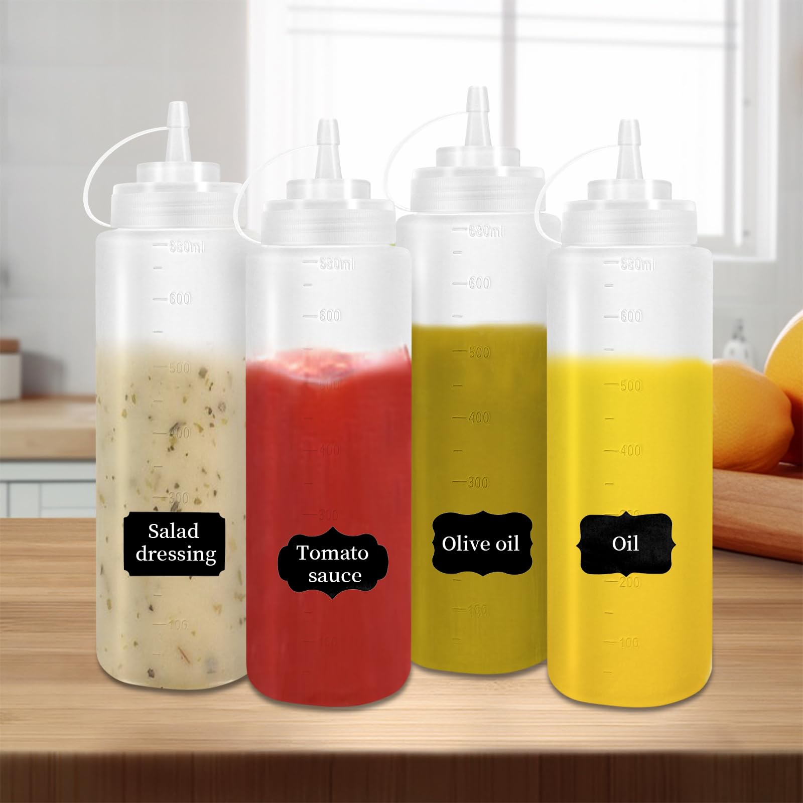 4 Pezzi Bottiglia Squeeze di Plastica 680 ML/24oz,Trasparente Biberon da Cucina con 2pcs spazzola di pulizia e 10pcs adesivi,Squeeze Bottle per Ketchup,Salse,Olio d'oliva