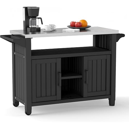 Outdoor Storage Cabinet,Patio Storage Table, Bar Table with Wheels,Outdoor Bar Cart for Patio, Poolside and Backyard,Classic Black