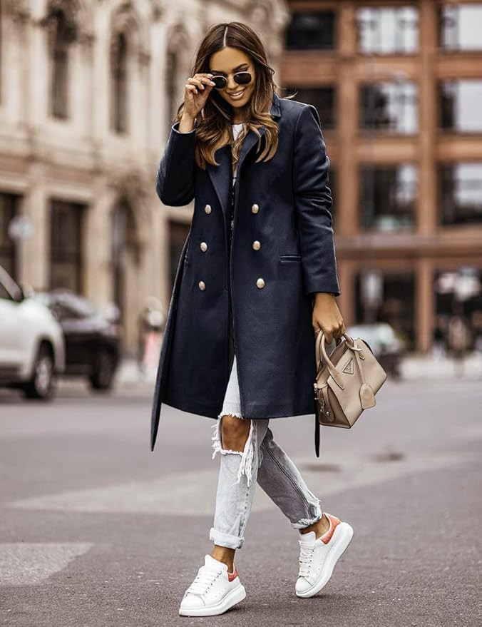 Womens Double Breasted Wool Coat Casual Midi Fall Winter Wool