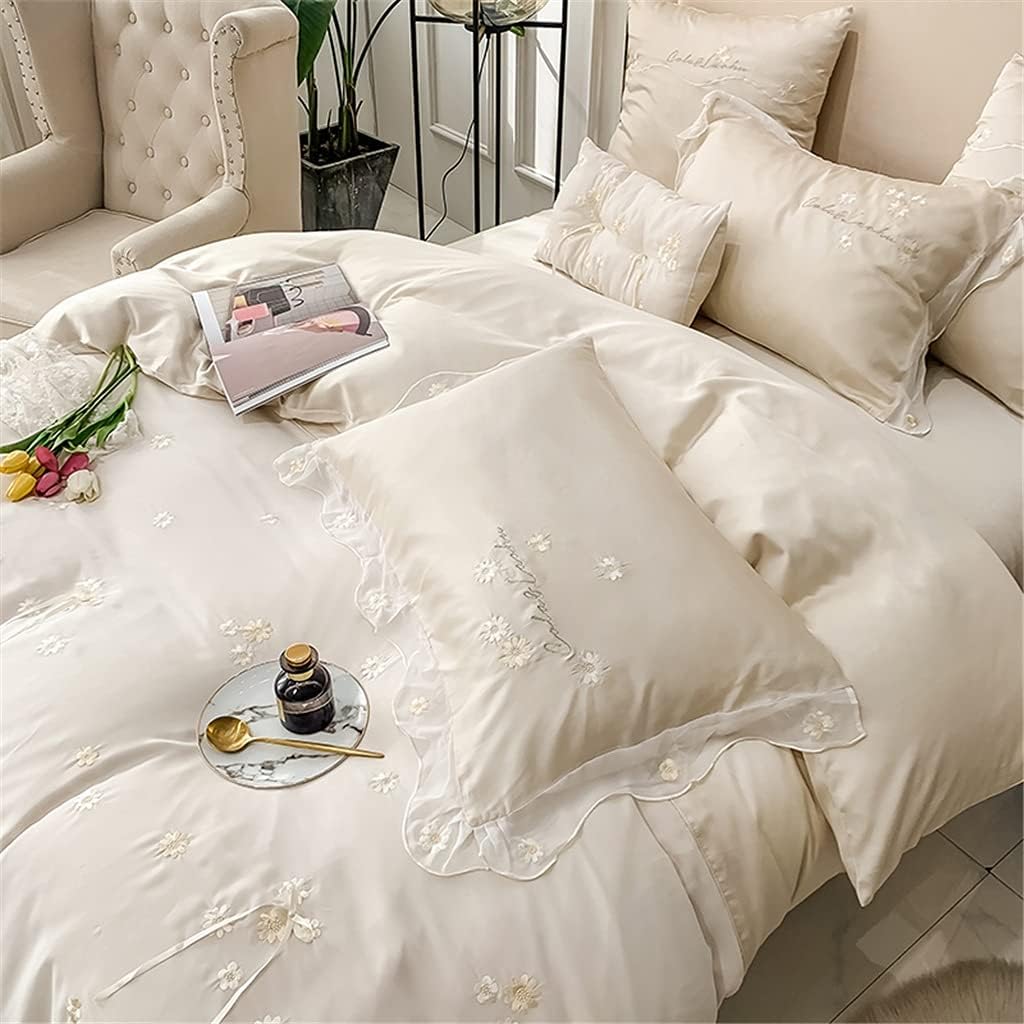 Summer Princess Style Double-Sided Tencel Four-Piece Floral Embroidery Lace Nude Sleeping Duvet Cover Bedding (Color : Champagne Size : 2m) (White 1.8m) (Champagne 1.5m)