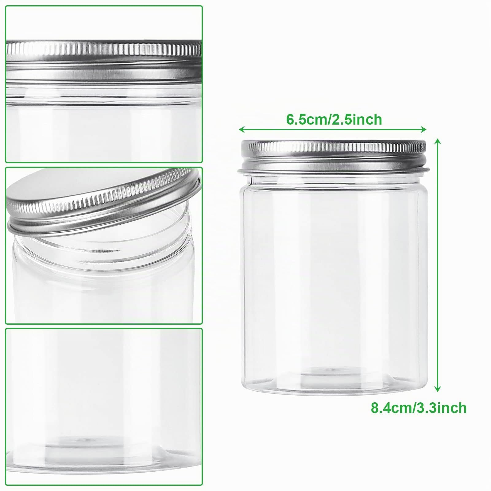 AKOLAFE Confezione da 20 barattoli di plastica da 250 ml con coperchi in alluminio bianco rotondi trasparenti a prova di perdite per alimenti campeggio ferramenta artigianato e creazione di melme