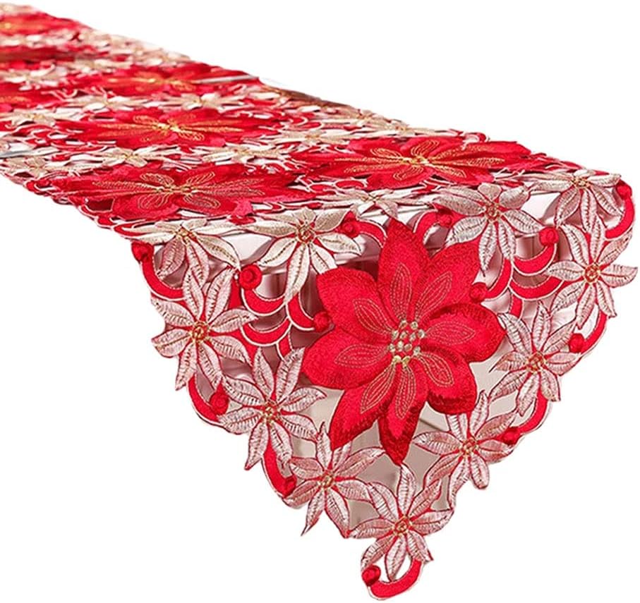 JSEIAJB Thickness Red Rustic Cutwork Embroidered Floral Table Runners Christmas Decorations for Home Dining(38X220CM)