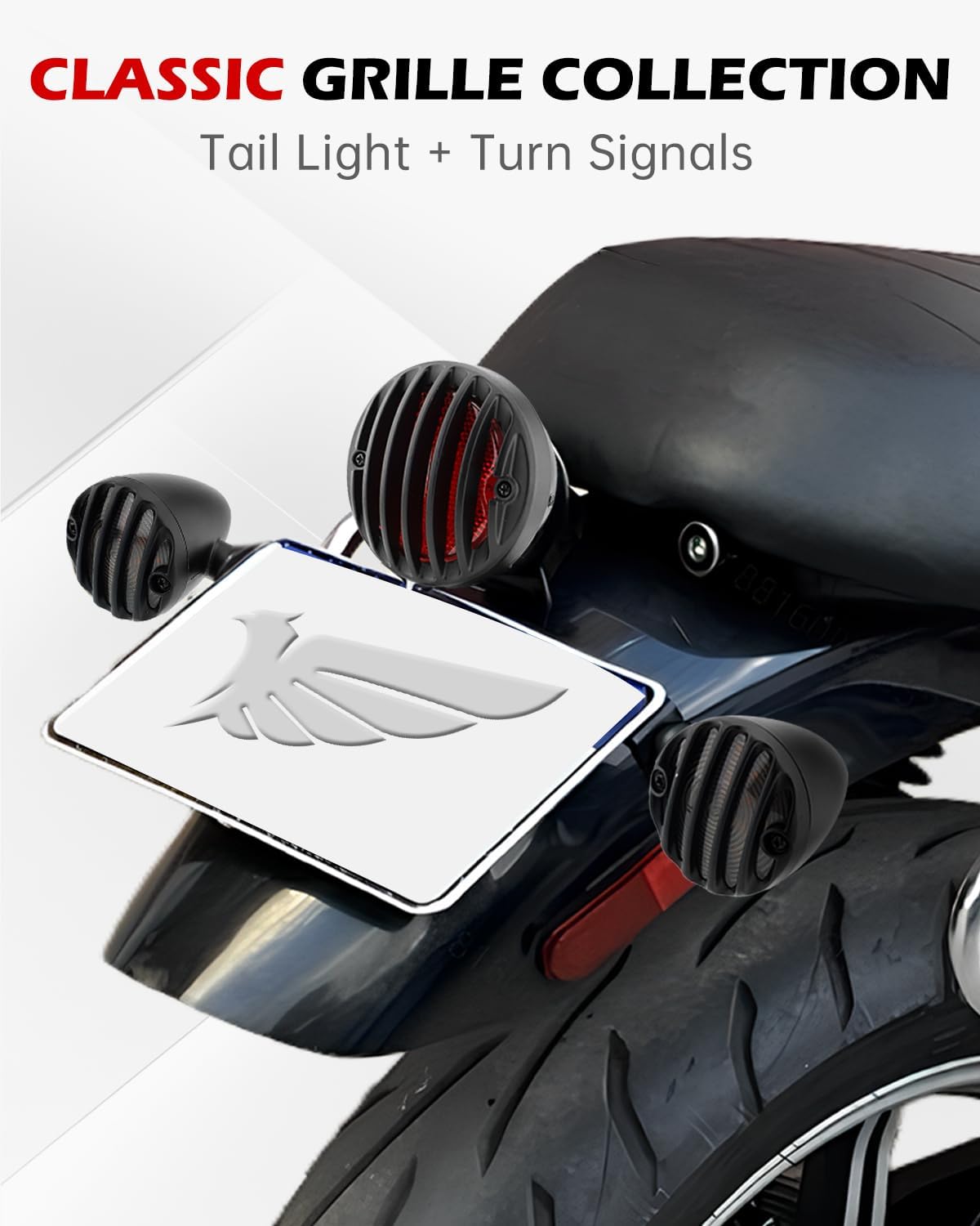 Motorcycle Grille Tail light and Turn Signals Kit LED Taillight Assembly Universal Compatible with Harley Sporster Café Racer Cruiser Bobber Chopper (Kit Black)