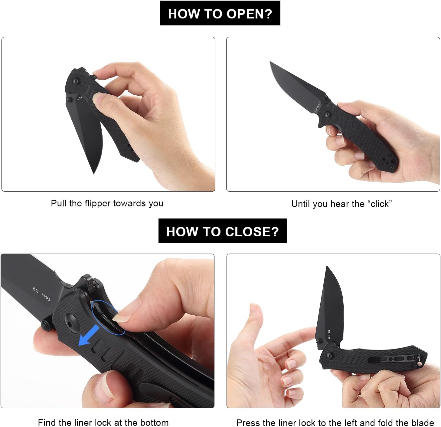 EDC Folding Pocket Knife, D2 Steel Clip Point Black Blade, G10 Handle Scales with Liner Lock Flipper, Reversible Clip, Outdoor Camping Survival Tool E049, Black