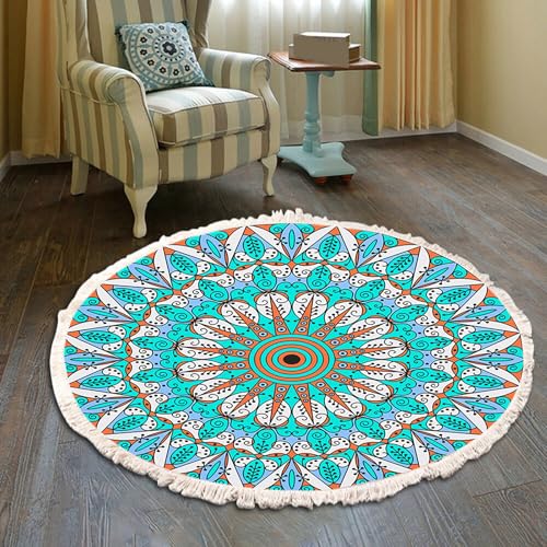 Tapis rond bohème 120cm lavable et résistant avec pompons C