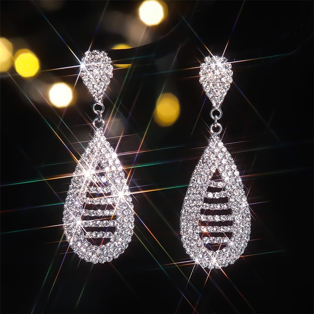 Octwine Women Silver Rhinestone Earrings Sparkly Rhinestone Chandelier Dangle Drop Tassel Earrings Bridal Wedding Silver Earrings Teardrop Dangle Earrings for Women - Image 2