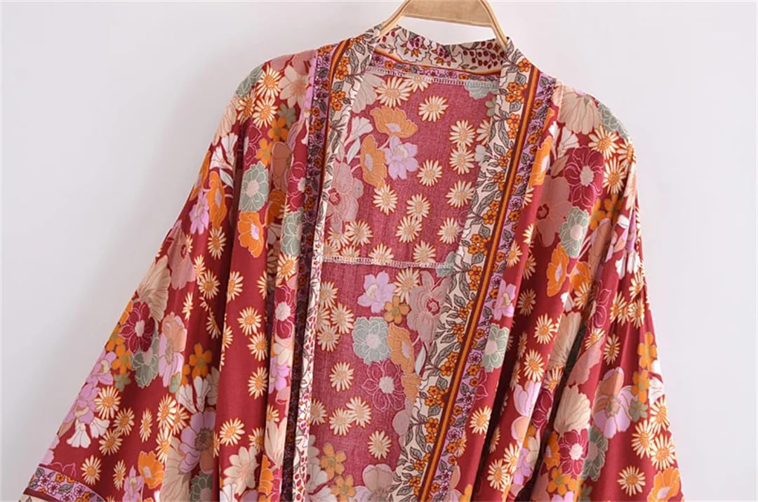 Wjnvfioo Kimono da donna vintage con stampa rossa e maniche a pipistrello con scollo a V bohémien