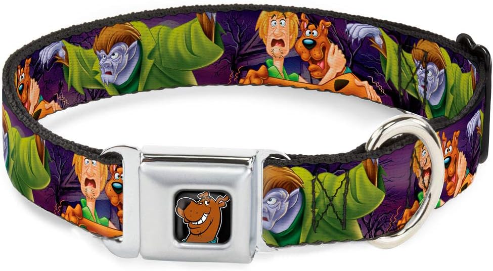 Buckle-Down Seatbelt Buckle Dog Collar - Scooby & Shaggy Hugging w/Werewolf Man Purple - 1" Wide - Fits 9-15" Neck - Small