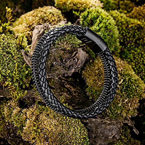 Murtoo Steel And Leather Bracelets For Men, Braided Grey, Brown And Black Men’s Leather Bracelet Gift For Him (Black, 7.5 Inch) #TOP2