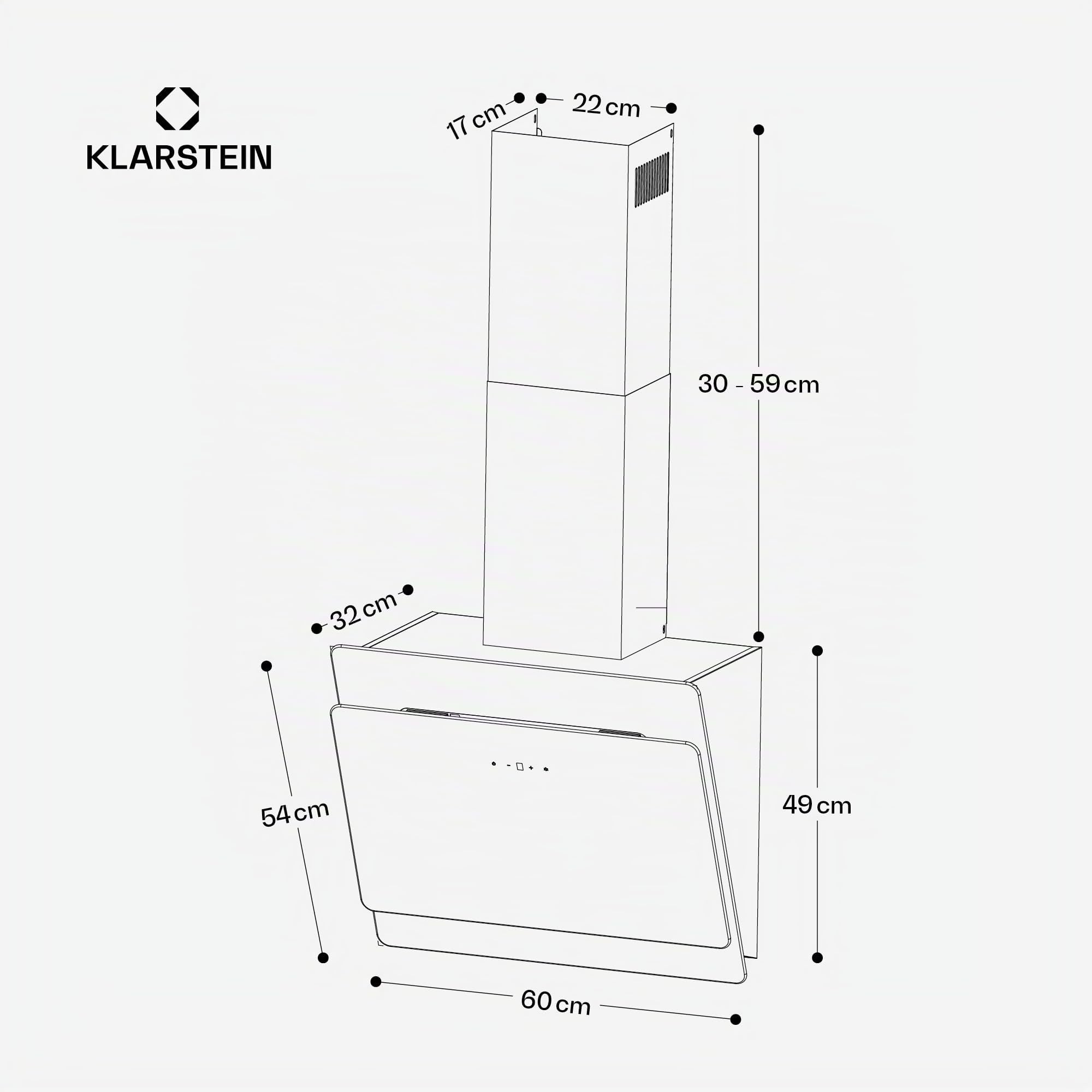 Klarstein Cappa Aspirante 60 cm, Cappa Cucina, Cappa Filtrante in Acciaio Inox, Scarico: 620m³/h, Illuminazione LED, Pannello Touch, Filtro Per Ricircolo, Safety Glass, Classe Energetica B, Bianco