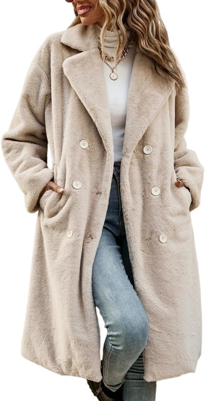 Women's Trench Coat Casual Drop Shoulder Double Breasted Teddy Coat Long Sleeve Classic Overcoat