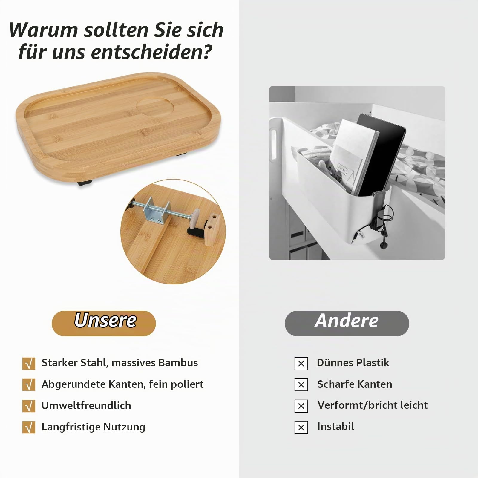 Hängendes Nachttisch Regal, Bettablage mit Holz Nachttisch Tray zum Anklemmen, Organizer für Mobiltelefon, Fernbedienung, Wasserbecher (Holzfarbe)