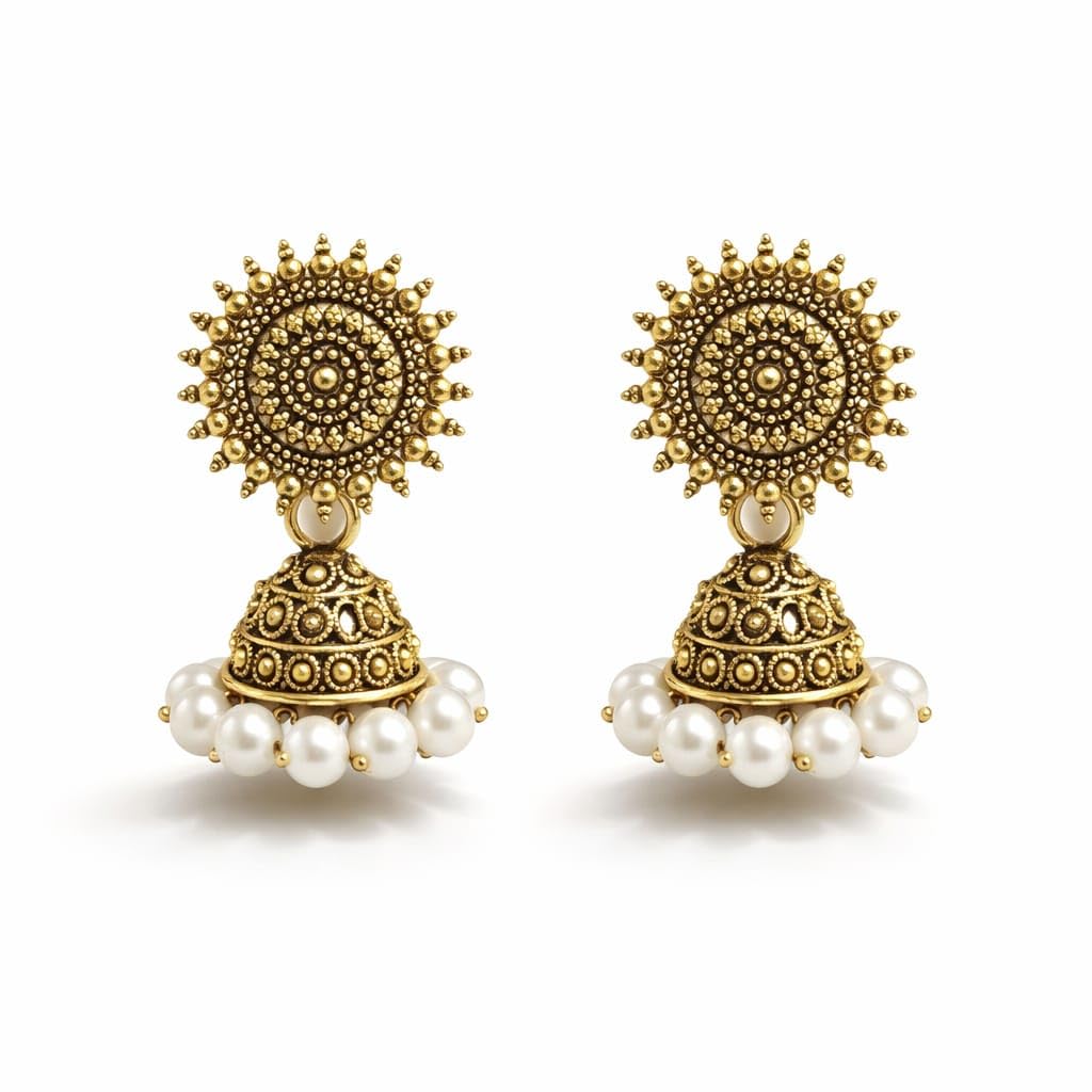 Small Size Gold Jhumka Earrings for Women, Traditional Stud Drop Earrings with Pearl Beads, Ethnic Party & Festive Jewelry, Pack of 1-image-36