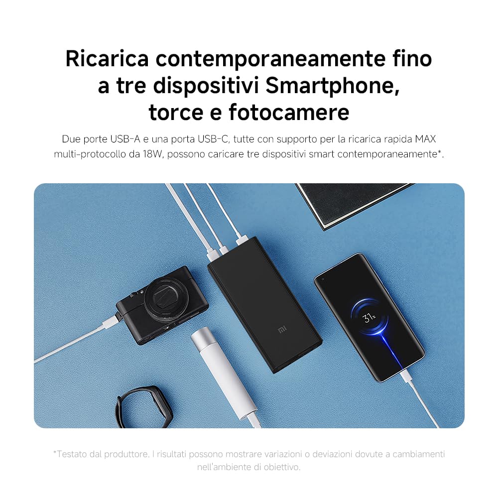 Xiaomi Power Bank da 18 W, 30000 mAh, funzione di ricarica rapida da 18 W, ricarica 3 dispositivi contemporaneamente, Power Delivery 3.0, adatta al volo, completamente carica in 7,5 ore, compatta e