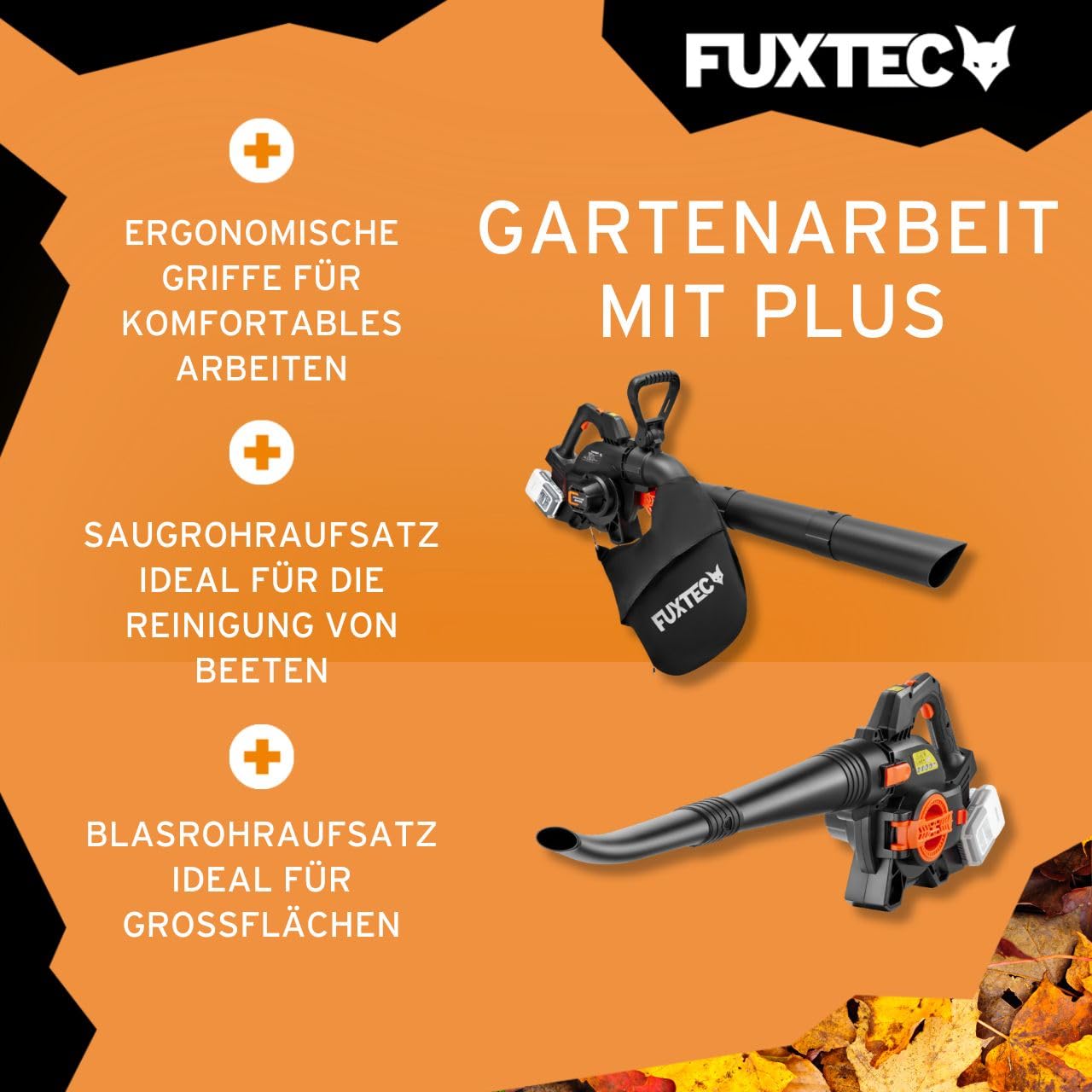 FUXTEC 40 Volt 2in1 Akku-Laubbläser/-Sauger FX-E2LBS, leistungsstarker Laubhäcksler inkl. Laubfangsack, Saugleistung 685.1m³/h, ergonomischer Handgriff, Geschwindigkeitsregulierung