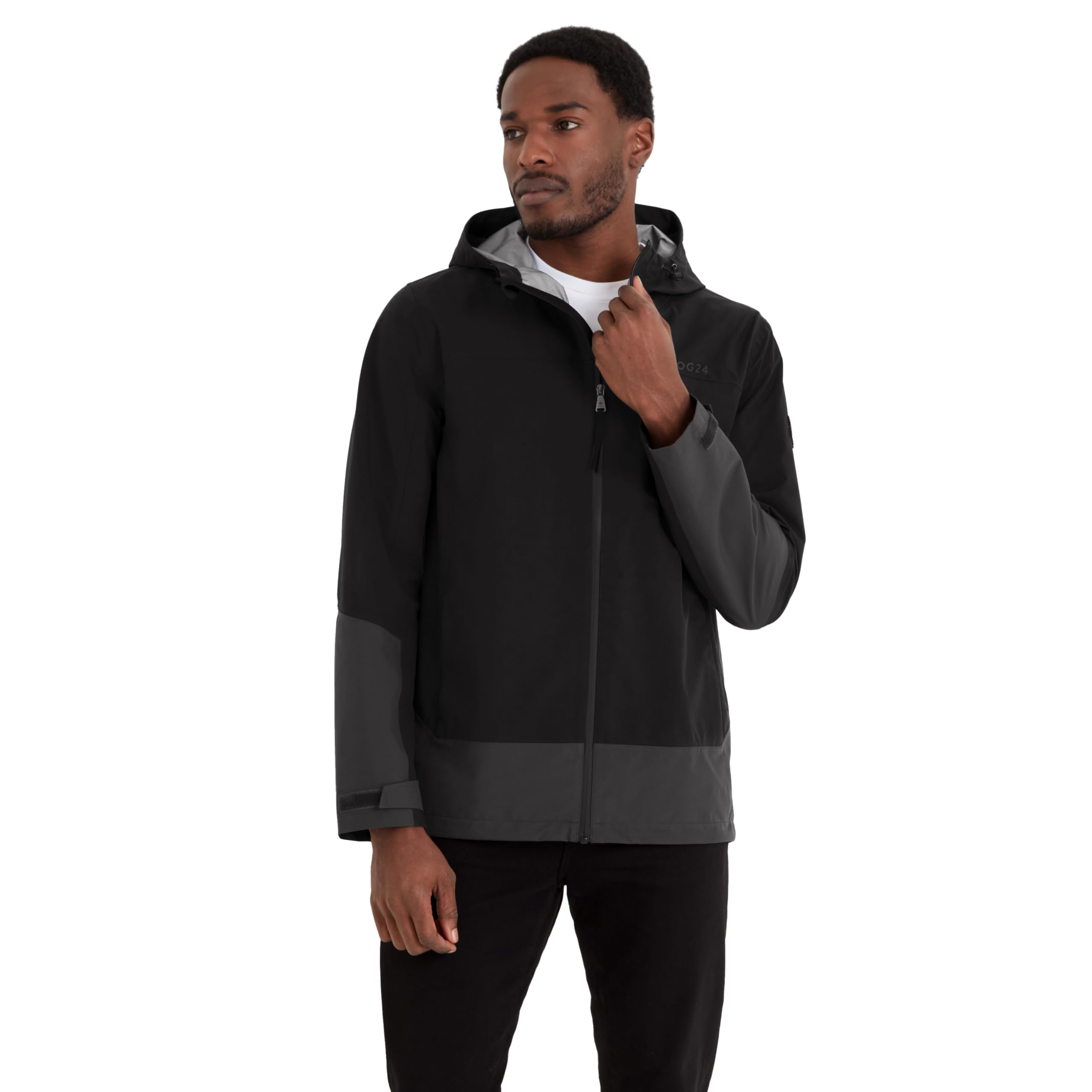 Tog24 Men's Black Bowston Waterproof Jacket. Waterproof Coat. 20K Waterproof, 20K Breathability & Windproof. Waterproof Jacket In Eye-Catching Colour Block Design. Wired Hood & Adjustable Cuffs