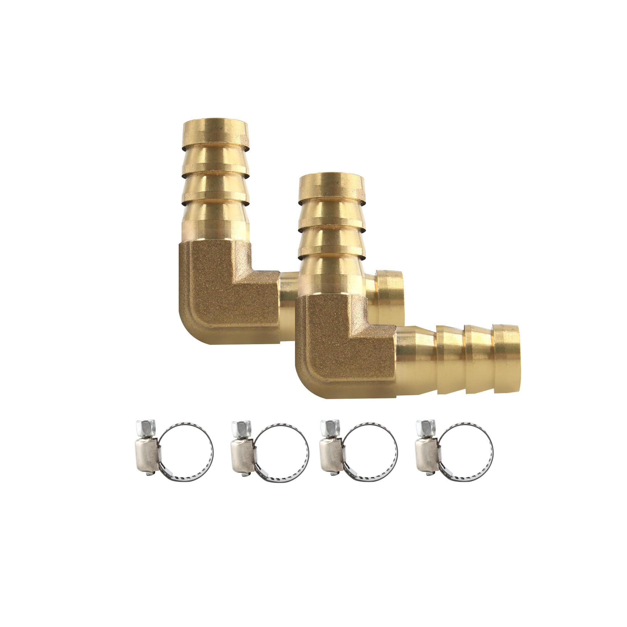 AUXBC 2Pcs 1/2Inch 90 Degree Brass Hose Barb, L Right Angle Brass Barb Elbow Connector Fitting with 4Pcs Hose Clamps for Fuel, Air, Water, Oil, Gas(