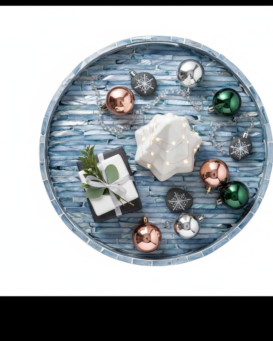 PEMAR 12.6” Mother of Pearls Lacquer Inlaid Round Serving Tray with Handles, Round Decorative Nacred Wooden Ottoman Coffee Table Tray (Blue Tiles)