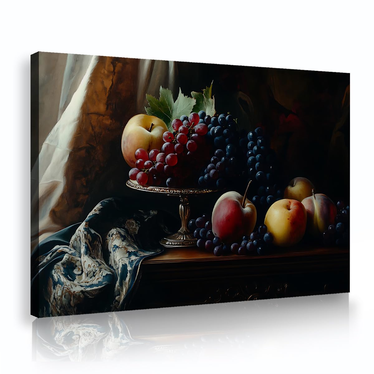 CHERHERART Classic Wall Art for Dining Room Still Life Fruit Canvas Painting Grapes and Peaches Canvas Pictures Artwork for Kitchen Bedroom 80x130cm Innerframe