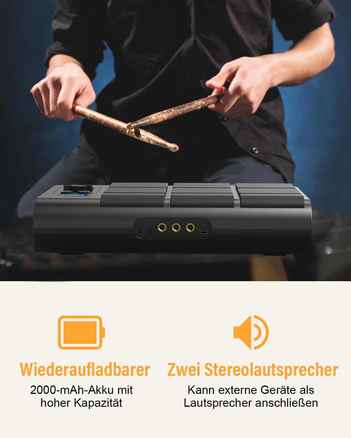 Batterie électronique 9 pads avec LCD, deux haut-parleurs stéréo et pédales | Set de batterie portable pour débutants et professionnels | Compatible avec Bluetooth MIDI | Idéal pour la maison