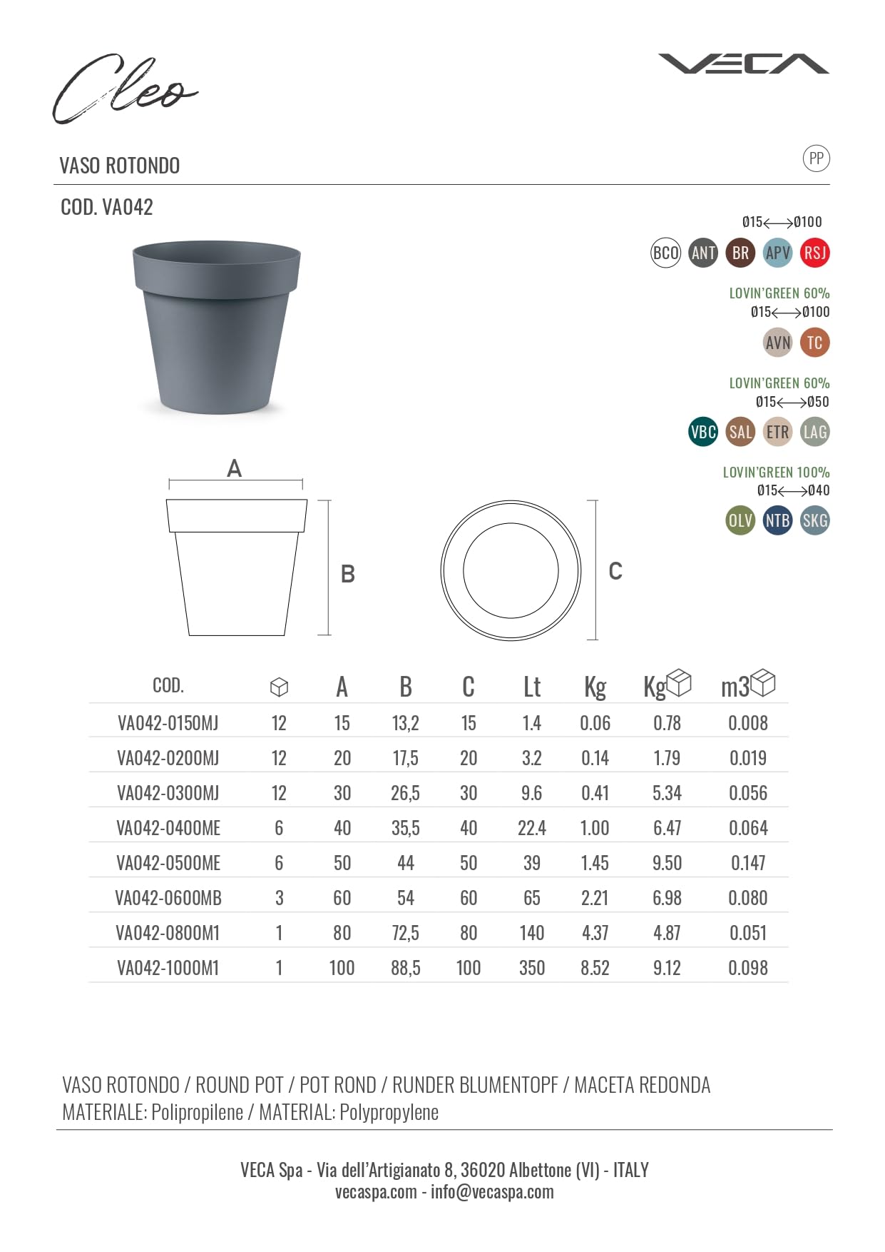 VECA VASO ROTONDO CLEO 80CM 60% RICICLABILE AVANA