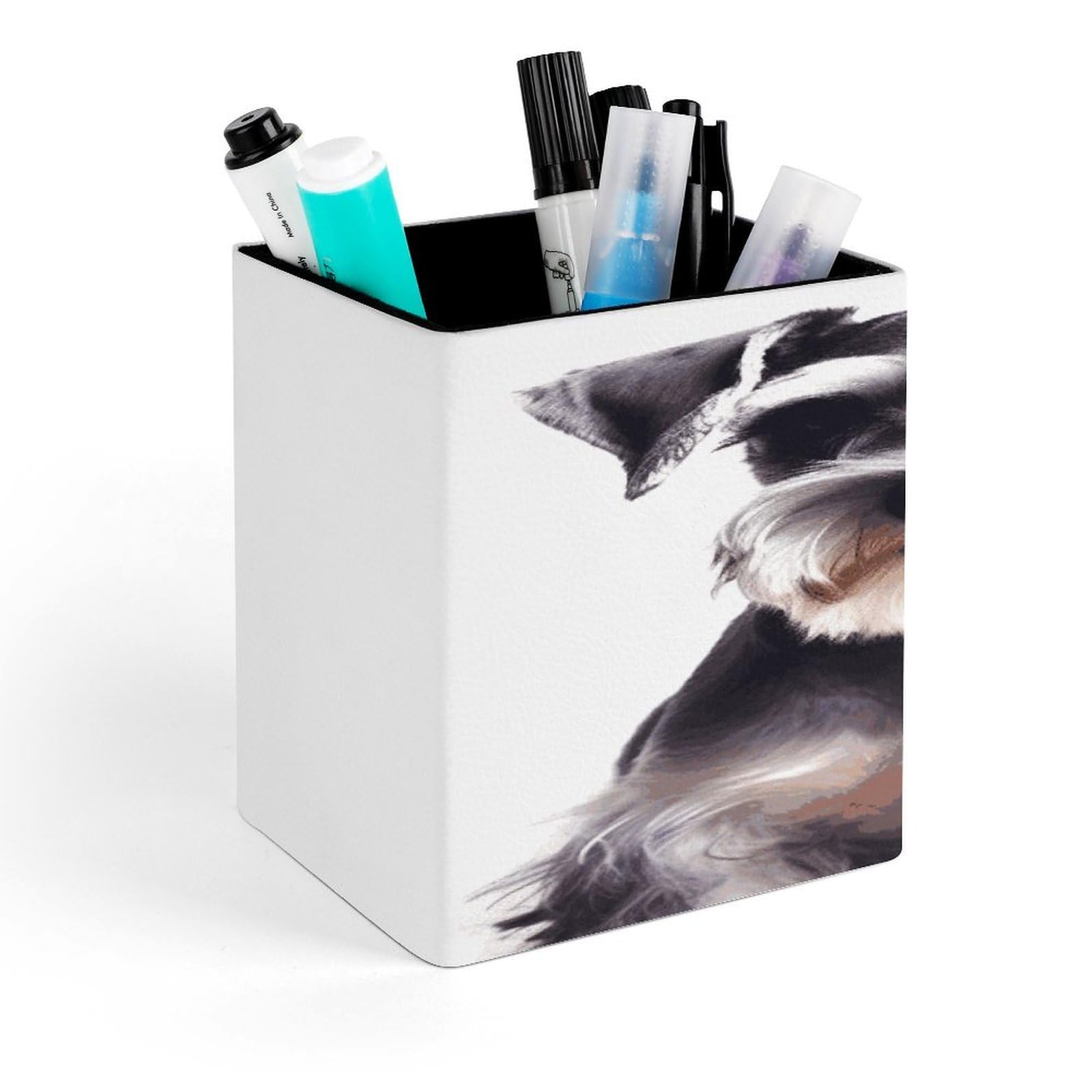 JTREHY Well-behaved Schnauzer Pen Holder Square Pen Pencil Holder Makeup Brush Holders Cup PU Leather Pencil Cups Desktop Caddy Stationery Organizer Case Office Accessories Container Box