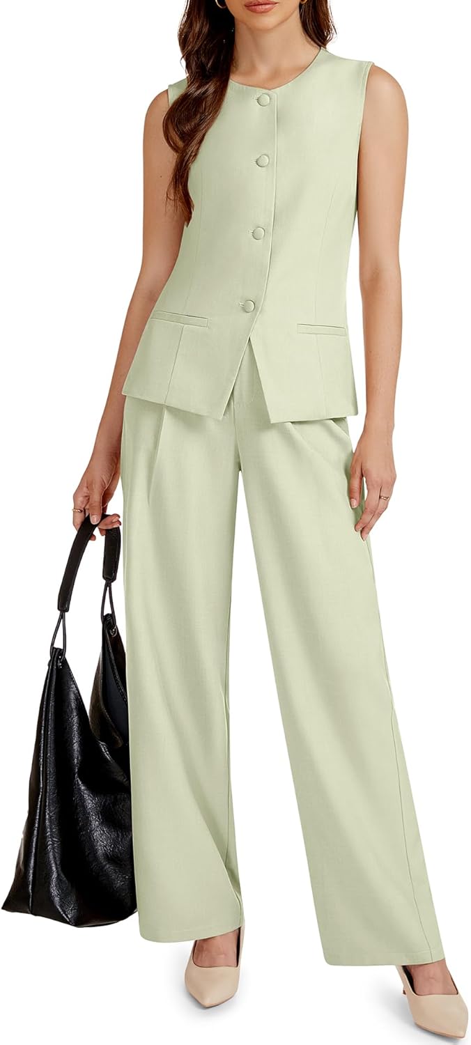 Casly Lamiit Women's 2 Piece Outfit Spring 2026 Sleeveless Suit Vest and Wide Leg Pants Business Casual Travel Blazer Sets