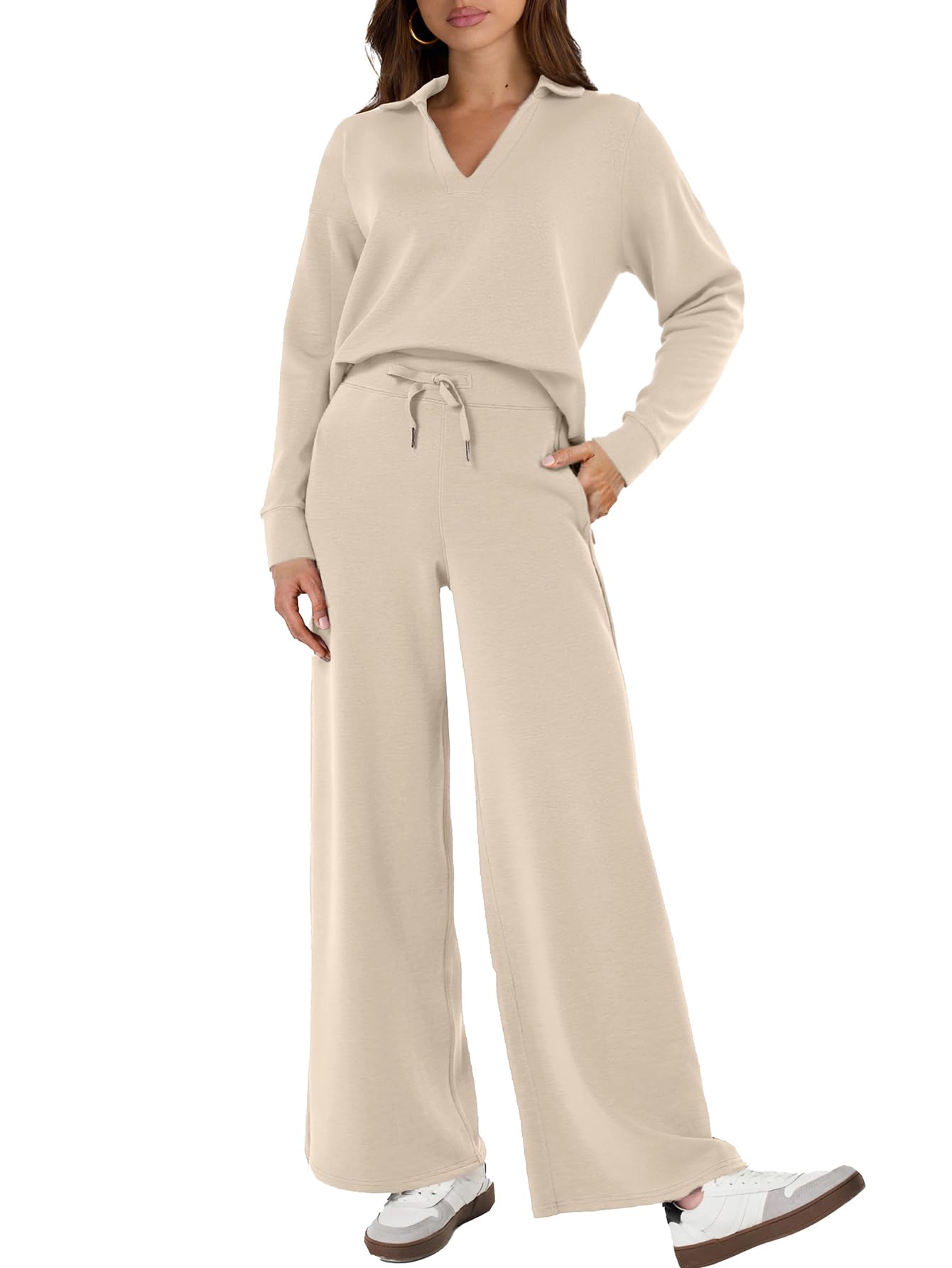 Glamaker Women's 2 Piece Sets Outfits Casual Long Sleeve Sweatsuits Polo Top and Wide Leg Pants Matching Sets