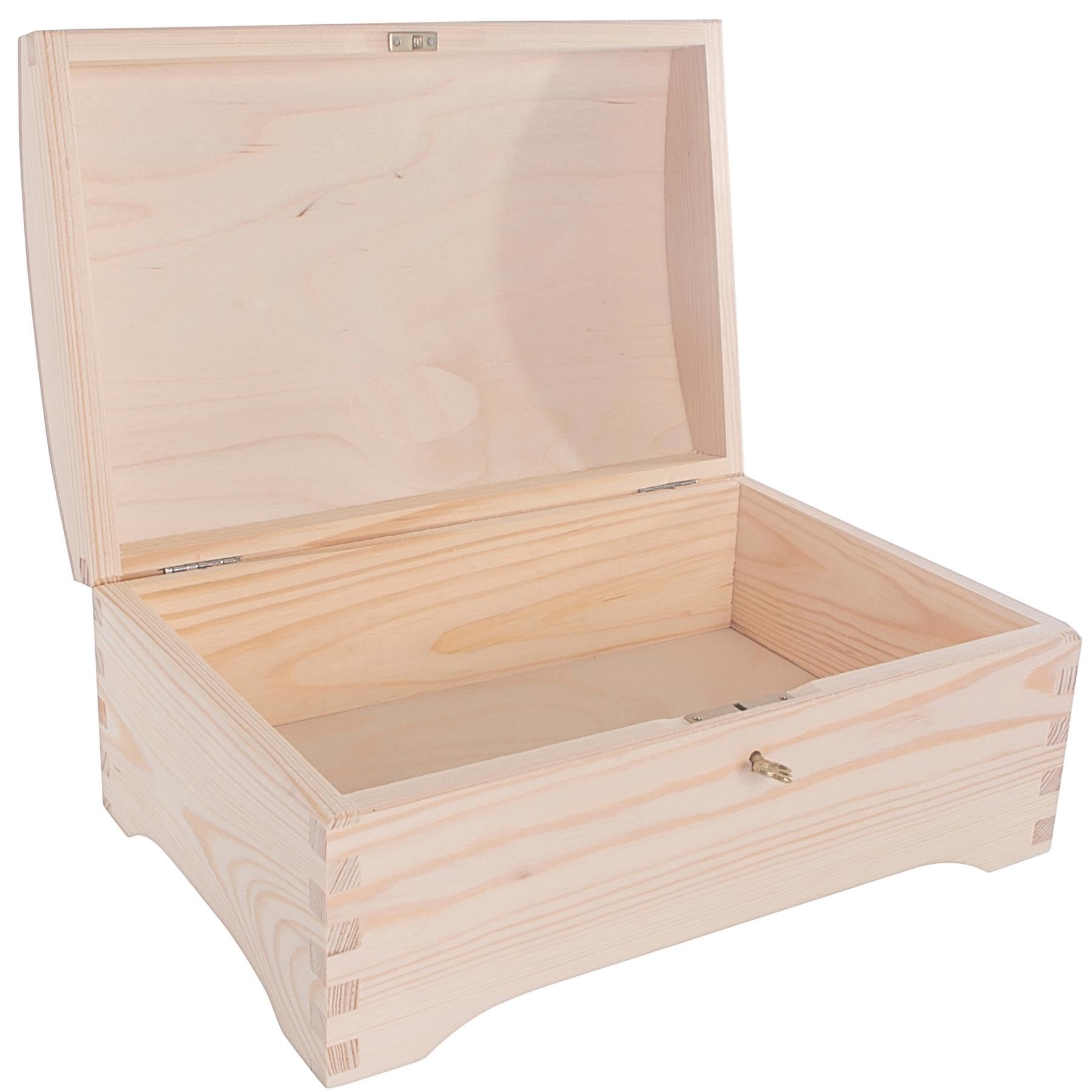 Woodeedoo Natural Wooden Treasure Chest Box With Hinged Lid And Key Lock – Unfinished Pine Storage For Gifts Trinkets Memories Crafts – Customisable Decorative Box – 30 X 20 X 13 Cm