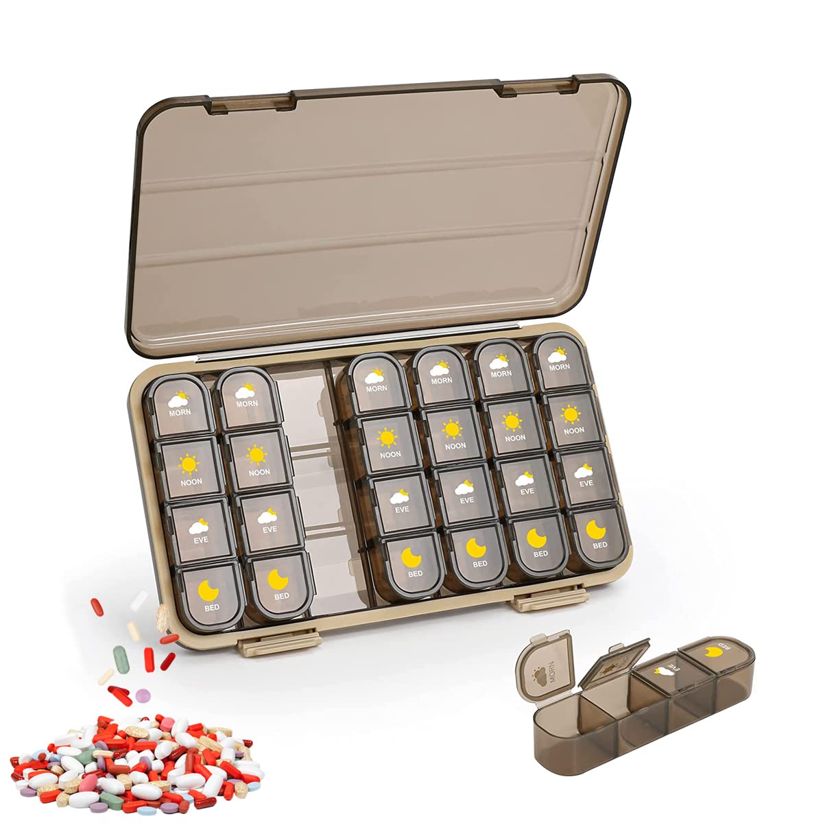 Pilulier hebdomadaire 4 fois par jour, conteneur à médicaments 7 jours avec couvercle, compact, 28 compartiments hermétiques, étanche à l'humidité, poche de voyage quotidienne, ouverture facile
