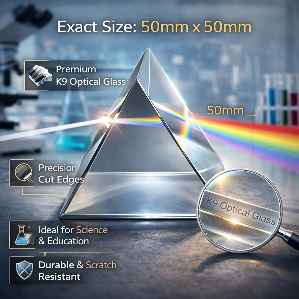 Glass Prism 50×50 mm | Equilateral Prism |Optical Triangular for Physics Teaching, Light Spectrum & Practical Experiments | Pack of 1| 1