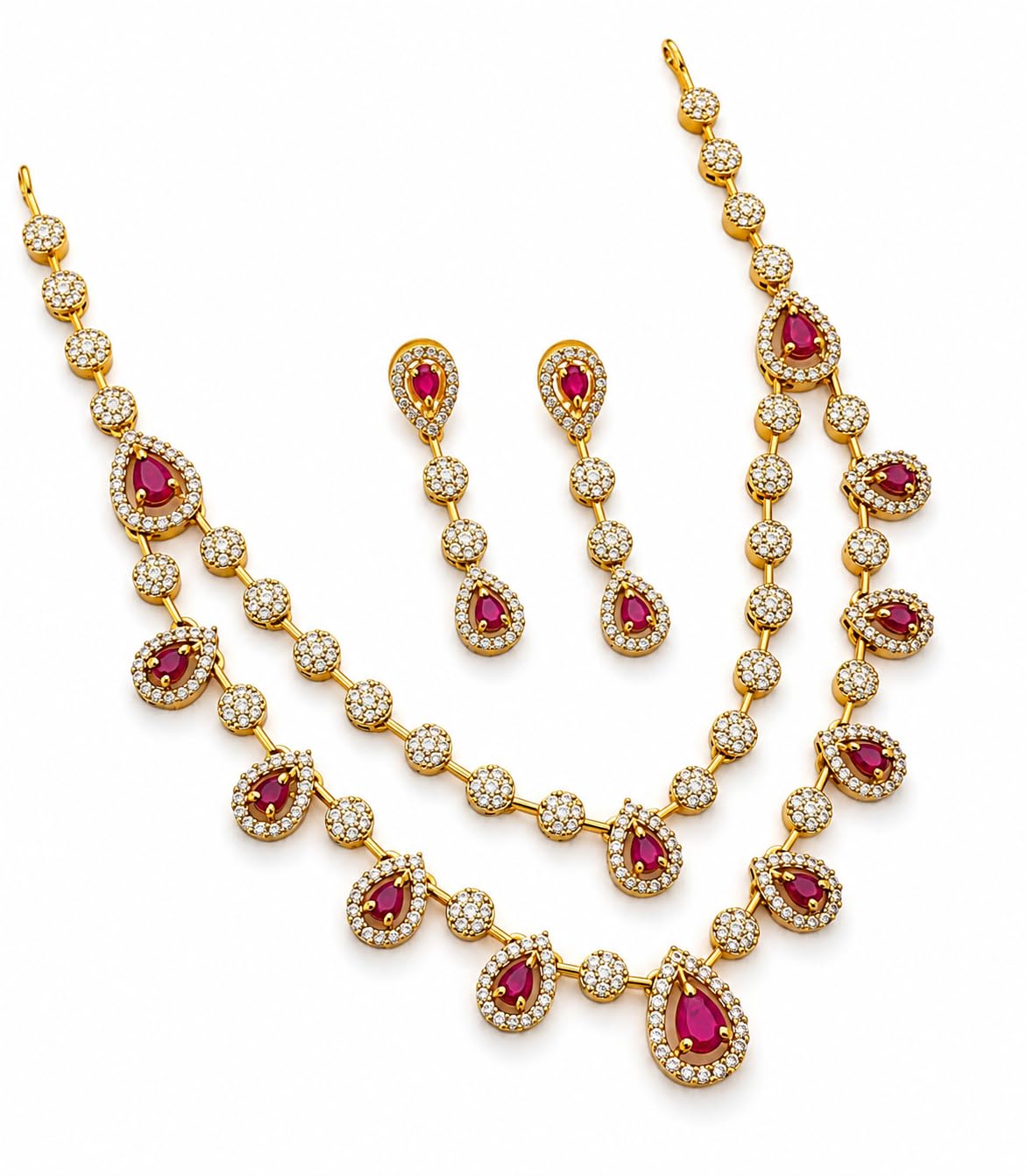 Gold Plated American Diamond Necklace Set for Women | Ruby Pink Teardrop Stone CZ Necklace with Earrings | Bridal Jewellery Set for Wedding, Festive, Engagement, Traditional Indian Jewelry-image-22