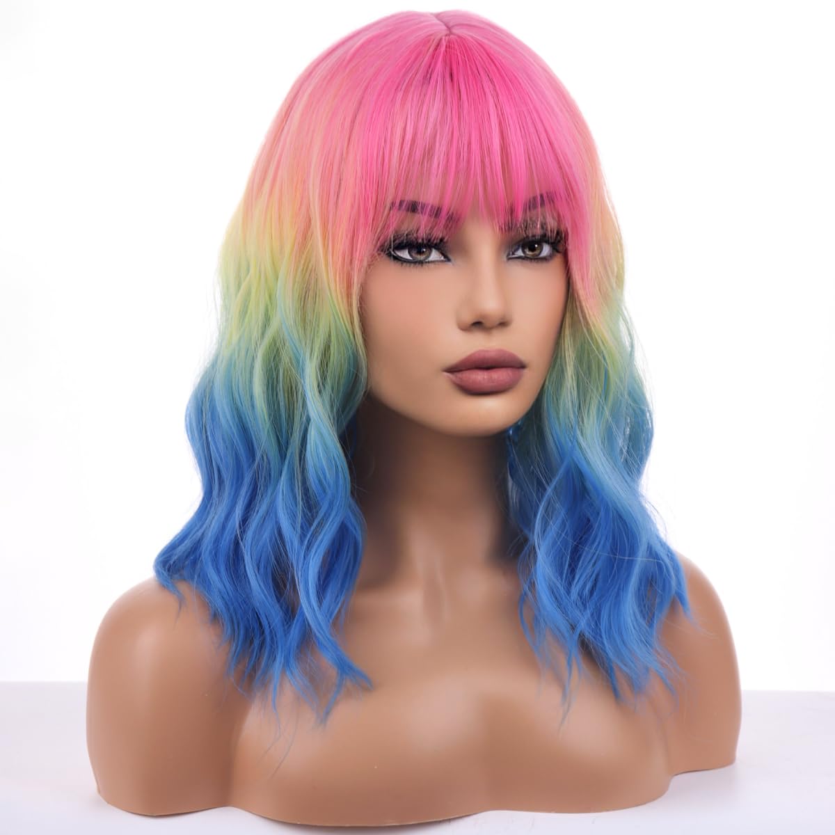 Ombre Rainbow Wigs for Women Girls Short Bob Wig Short Curly Wavy Wig With Bangs Colorful Wig Heat Resistant Synthetic Wigs for Cosplay Costume Party