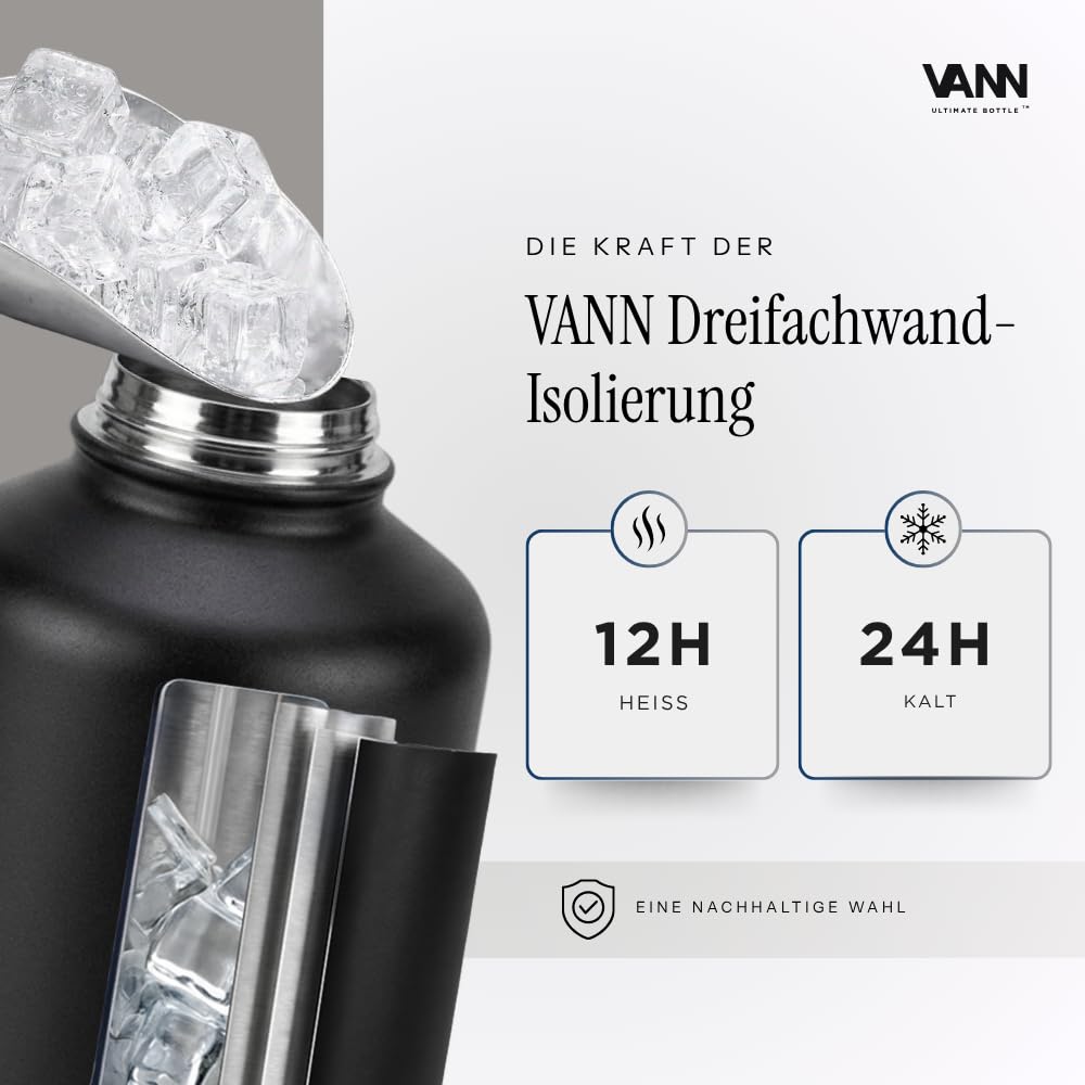 VANN Trinkflasche 2L mit Strohhalm - Thermosflasche isoliert [24h kalt, 12h warm] - Trinkflasche Edelstahl ideal als Wasserflasche [Sport, Fitnessstudio] BPA-Frei inkl. 5 Zubehörteile - Beige