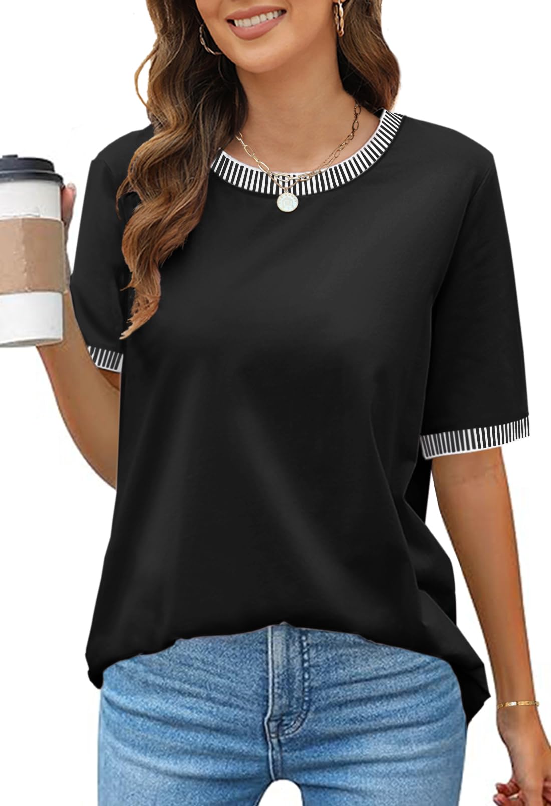 Women's Summer Tops 2026 Short Sleeve Casual Trendy Striped Color Block T Shirts Loose Blouse