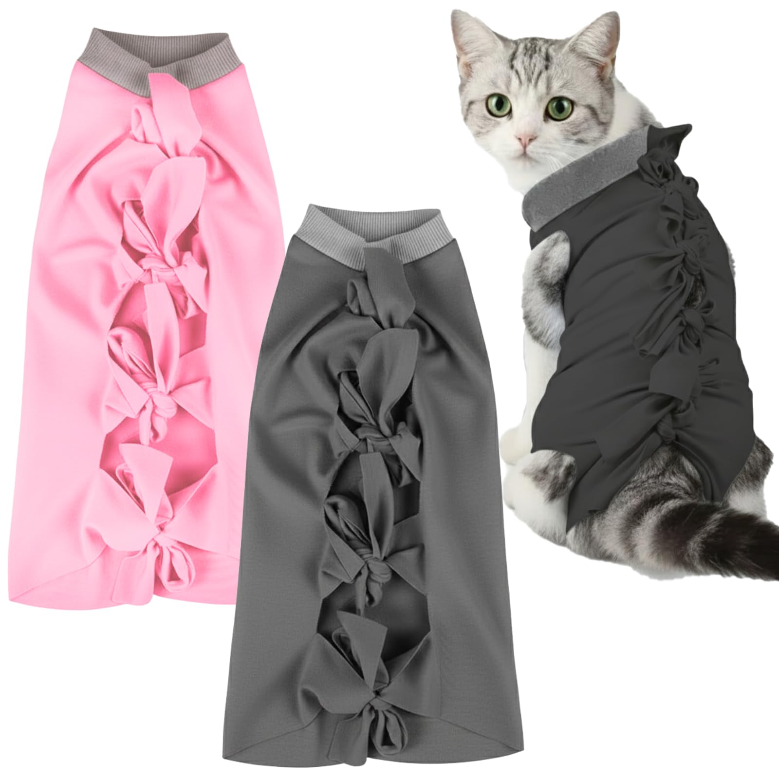 A+a Pets' MAA' Cat Everyday Clothing Combo | E-Cone Alternative, Post Surgery Recovery, Abdominal Wounds, Skin Issues | Breathable Cotton Set of 2 (Grey & Pink, XS)-image-9