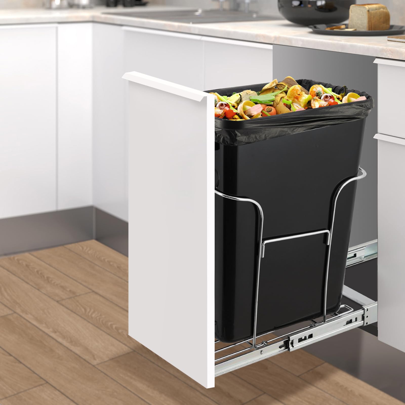 Garvee Cubo De Basura Extraíble Para Armario Bajo Fregadero – Cierre Suave y Guías Resistentes – Kit De Montaje Fácil Para Cocina – Compatible Con Armarios De Mínimo 27x48cm – Capacidad 30L (Sin Cubo)