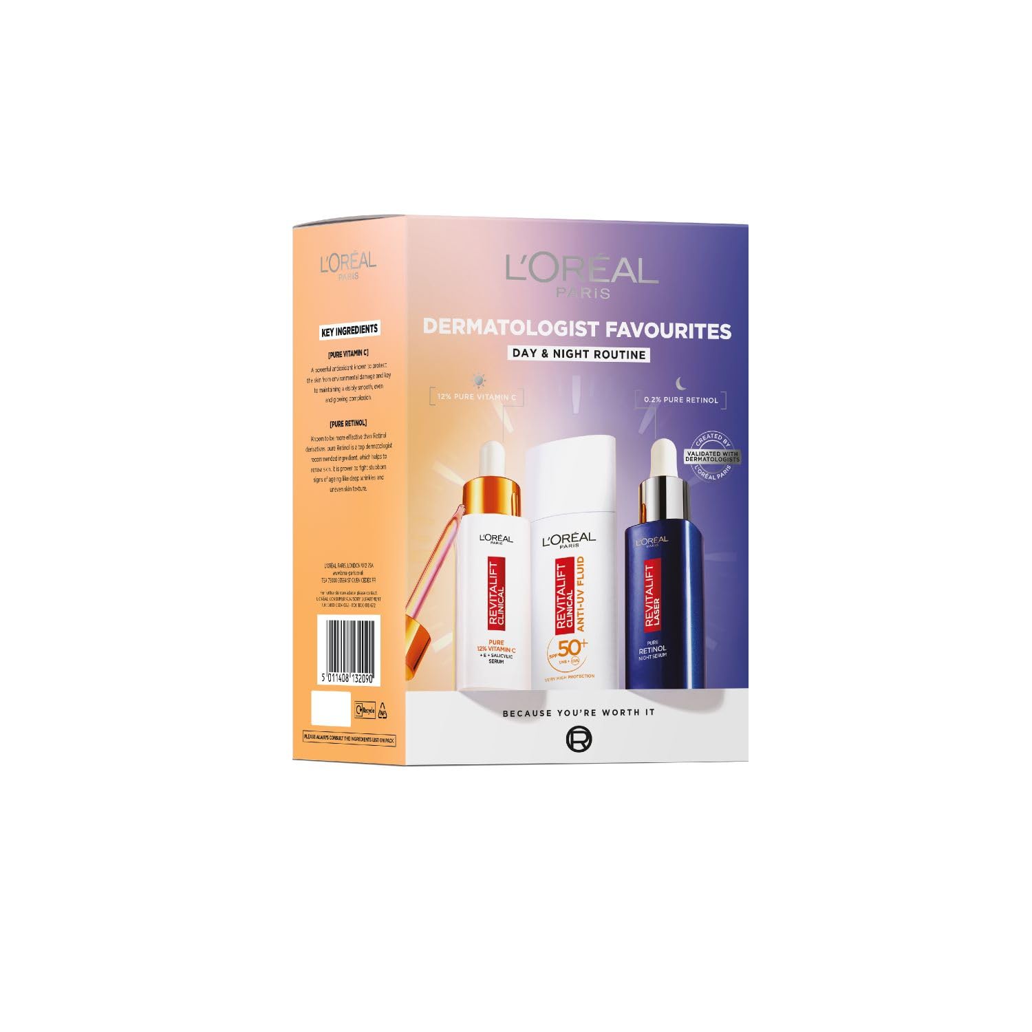 Dermatologist Favourites Giftset, Three Dermatologist Validated Products; 12% Pure Vitamic C Serum; SPF 50+ Anti-UV Fluid; 0.2% Pure Retinol Night Serum; Complete Day & Night Routine