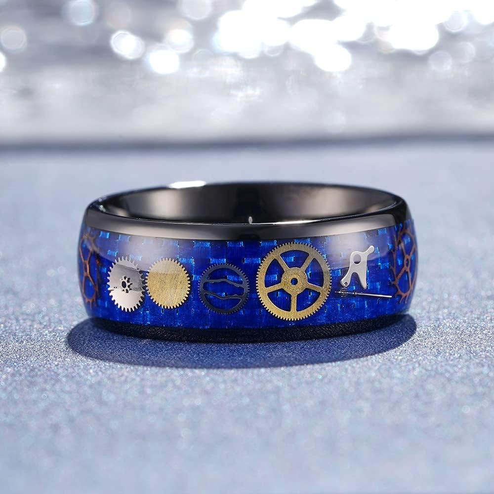 THREE KEYS JEWELRY Gold Gear Tungsten Carbide Mens Wedding Band Ring Polish for Men Punk Mechanical Color Stones Meteorite Inlay Engrave Engagement Blue Black/Silver - Image 4