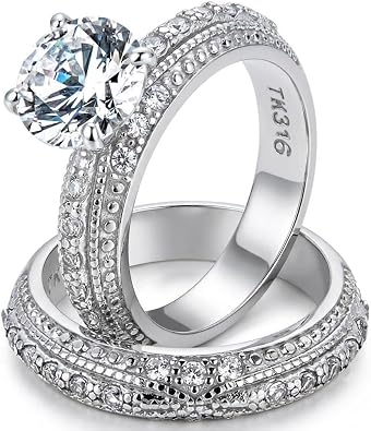 Marimor Jewelry 3.25 Carat Round Cut Cubic Zirconia Vintage Stainless Steel Wedding Ring Set Womens Size 5-10